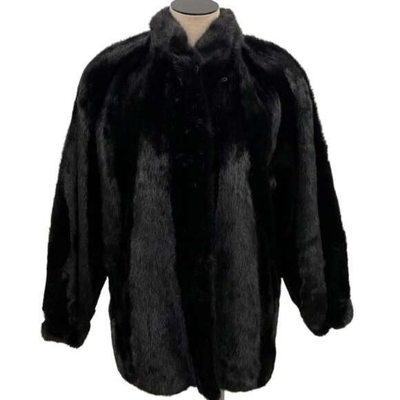 Vintage 80s Genuine Saga Mink Fur Coat M/L Black 3/4 Batwing Sleeve - Picture 1 of 16